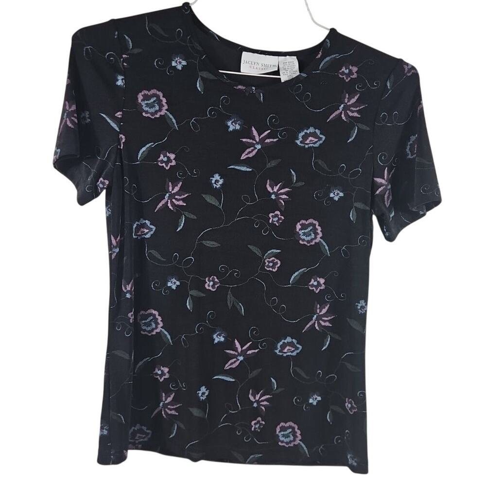 Whimsigoth Slinky Black Floral Baby Tee S Vintage 90s Dark Romance Witchy Vamp